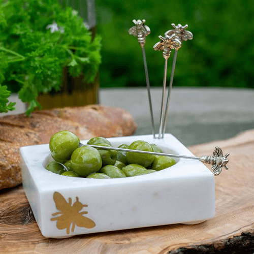 Image showing the Bee Set of 4 Olive Picks and Holder, L12.5x W12.5 x H13cm, White product.