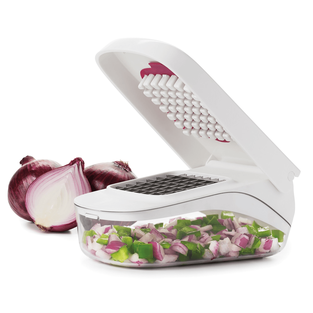 Vegetable chopper with easy pour opening