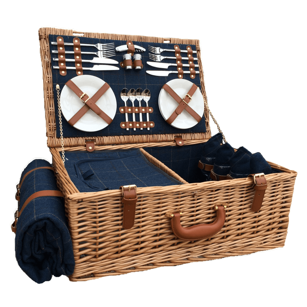 Blue Tweed Picnic hamper - 4 person, 58 x 38 x 22cm, Light Willow