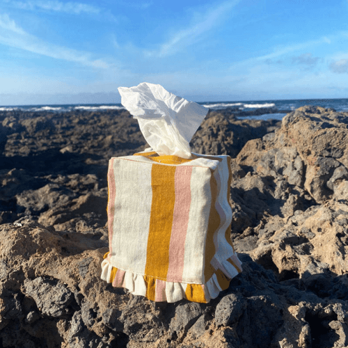 Image showing the Stripe Tissue Box Cover, L12 x W12 x H13.5cm, Ochre & Blush product.