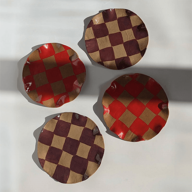 Rosie Gore Set of 4 Wavy Check Side Plates, D18cm, Red & Burgundy