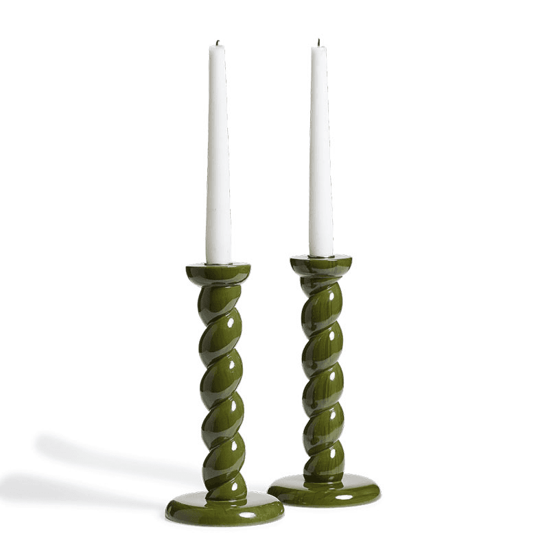 Barley Pair of Twist Candle Holders, H24cm, Spruce