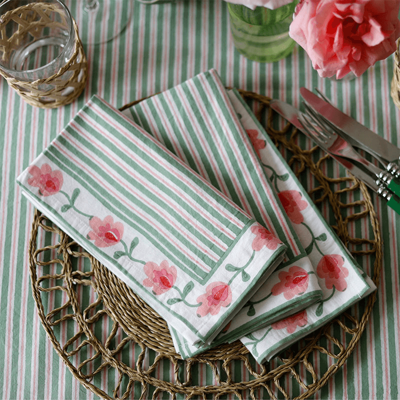 Suzani Stripe Set of  4 Napkins, 45cm, Green