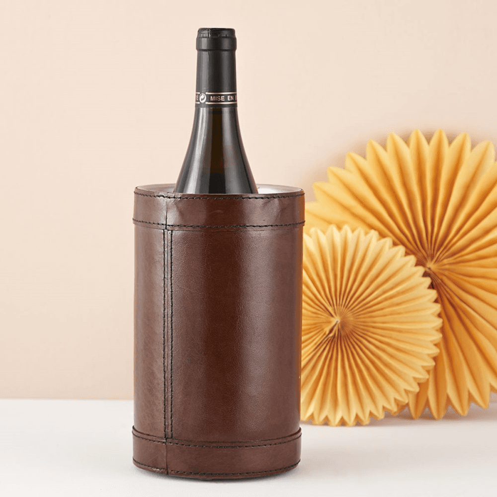 Single wine cooler, H21 x D13.5cm, Tan Leather