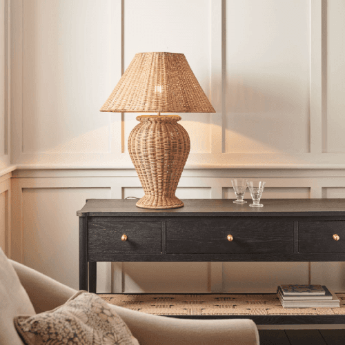 Image showing the Athena Table Lamp & Scalloped Rattan Shade, H79cm, Brown product.