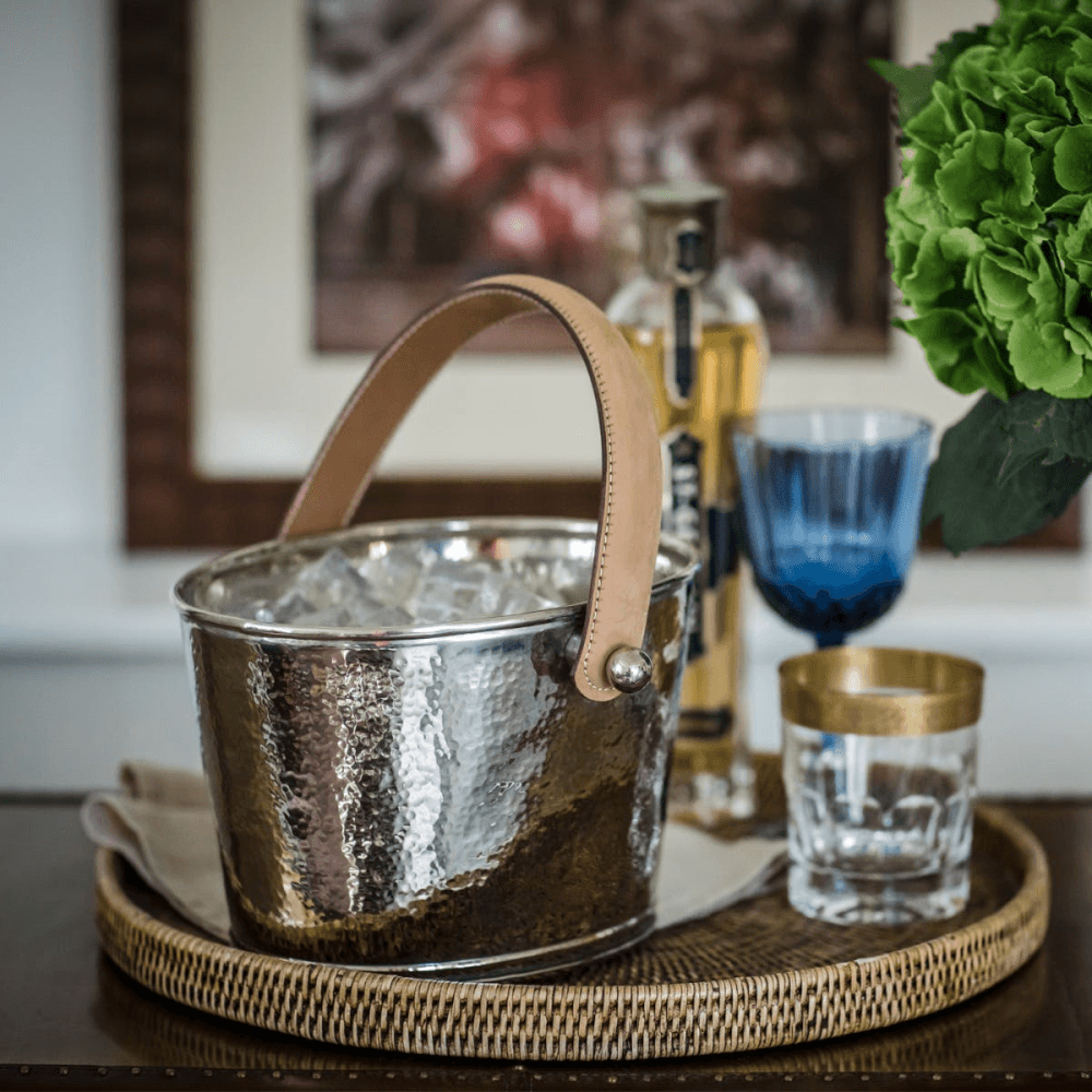 Leather Handled Ice bucket, H15 x D23cm, Hammered Silver Plate