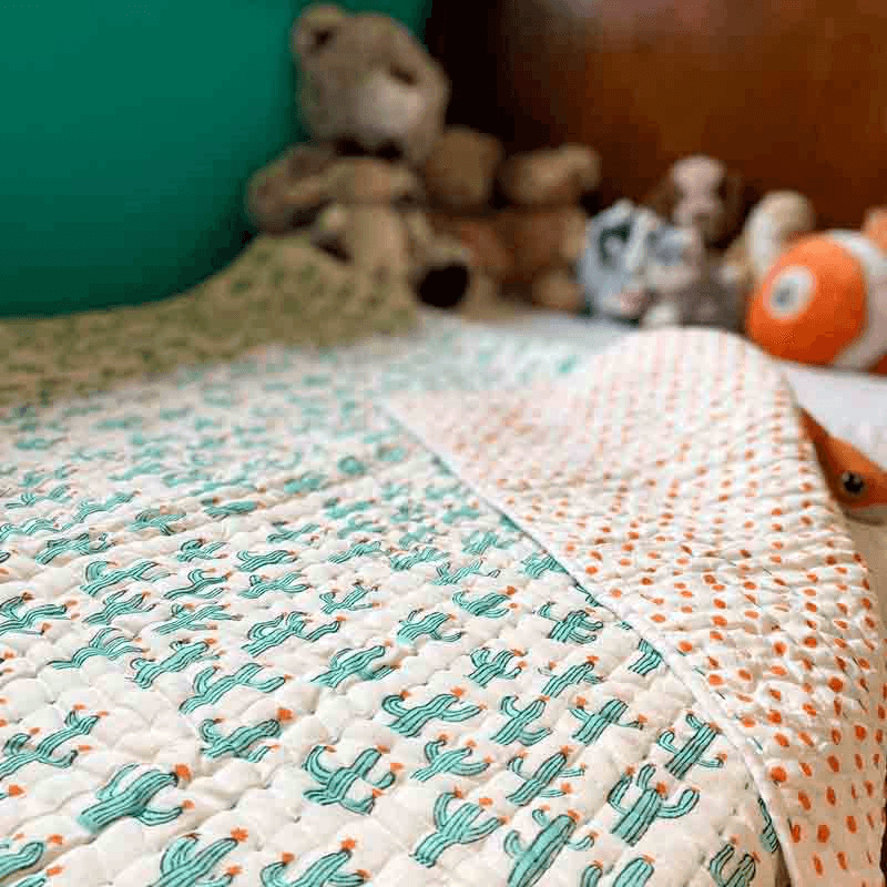 Cacti Blockprint Reversible Padded Quilt, 110 x 152cm, White/Jade Green