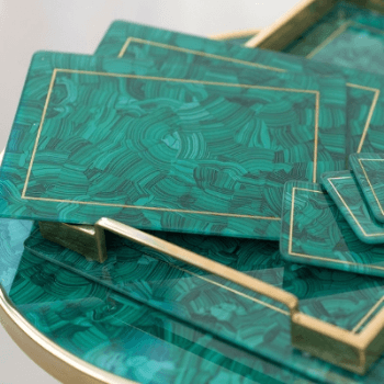 Drinks Tray, Alexandra Malachite, Glass  & Rose Gold plated handles