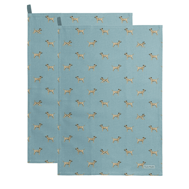 Border Terrier Set of 2 Tea Towels, Teal, Taupe, Brown