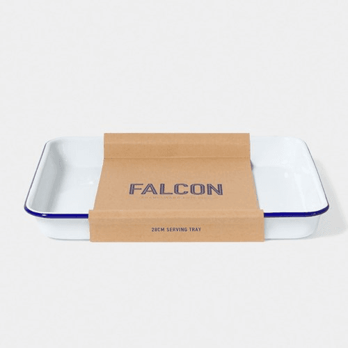 Image showing the Enamel serving tray, L28 x W22 x H3.5cm, white with blue rim with blue rim product.
