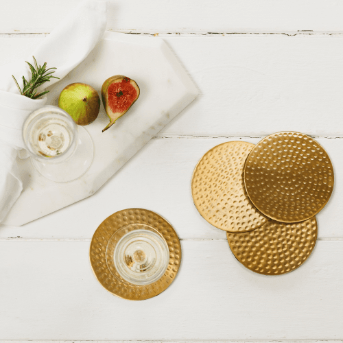 Image showing the Set of 4 round coasters, 10cm, Flat Hammered, Stainless Steel, Gold product.