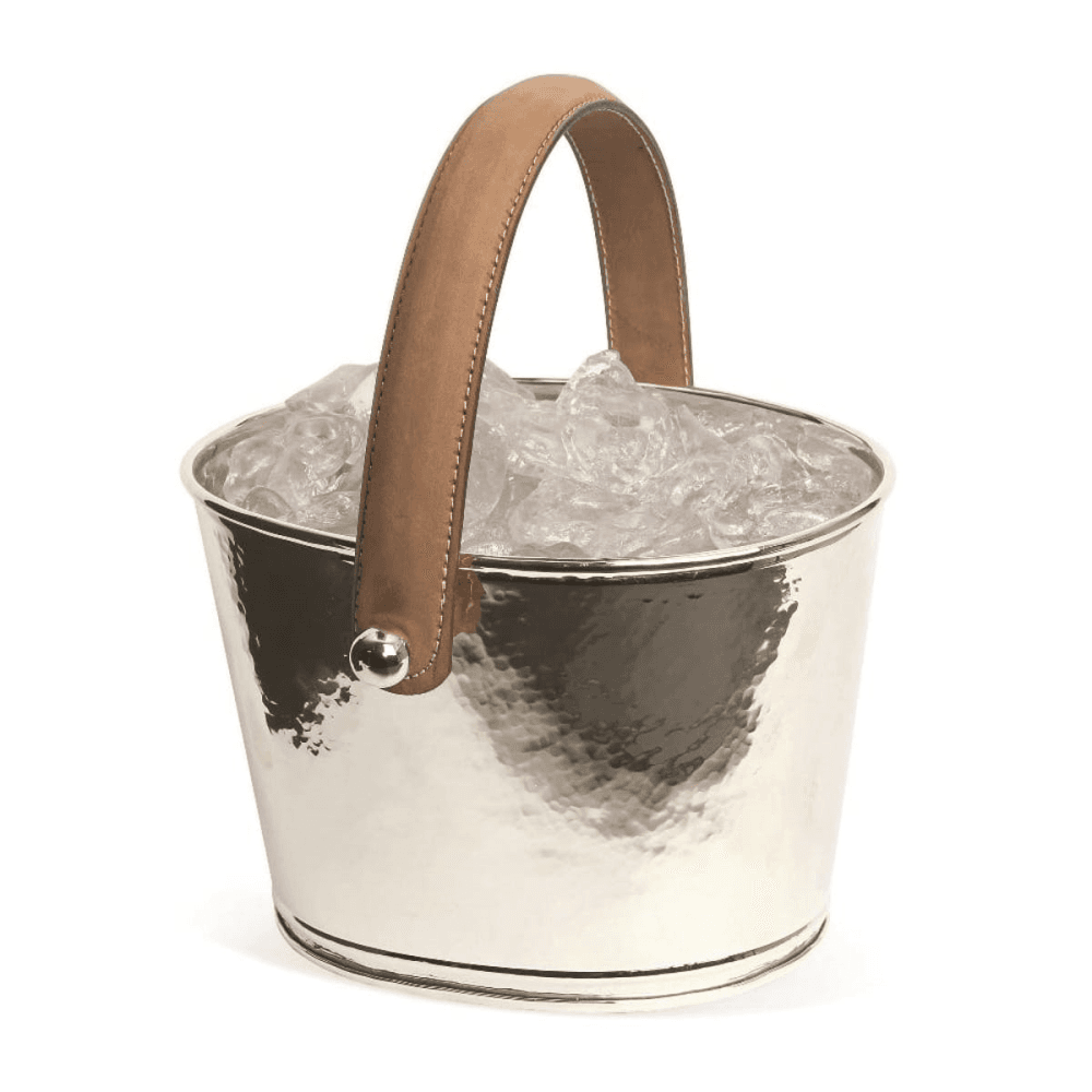 Leather Handled Ice bucket, H15 x D23cm, Hammered Silver Plate