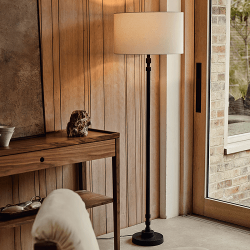 Image showing the Floor Lamp, H134cm, Black with Natural Shade product.