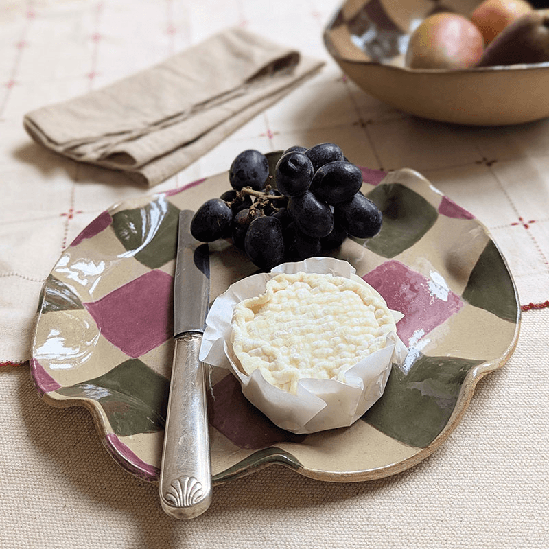 Rosie Gore Wavy Check Platter, D28cm, Smokey Olive & Burgundy