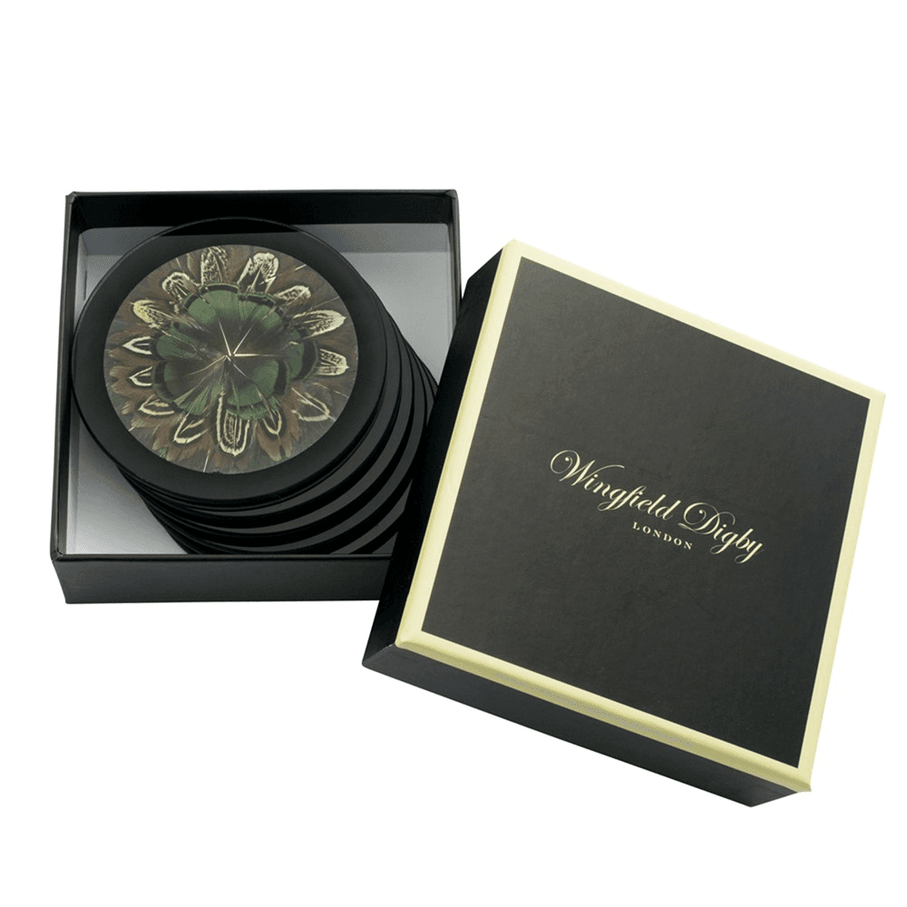 Feather and Glass Set of 6 Coasters, D10cm, Cock Pheasant and Green Pheasant