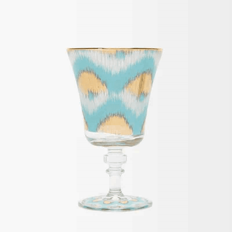 Ikat Wine Glass, 15H x 9cm, Blue/Gold