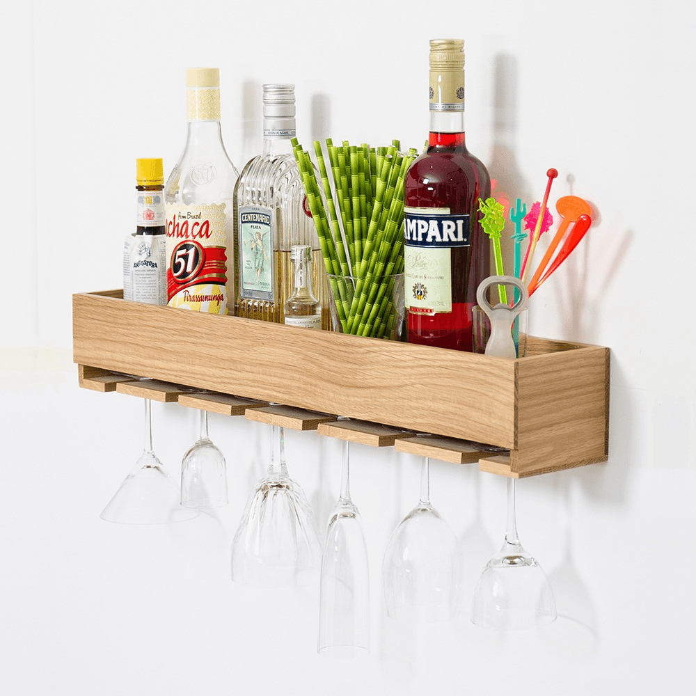 Cookhouse Glass holder shelf, H9.5 x W61 x D11cm, Natural Oak