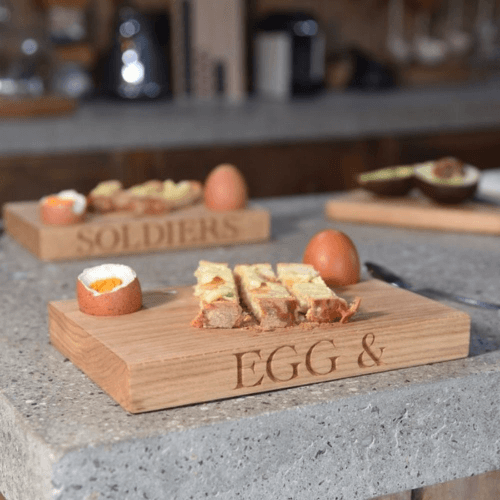 Image showing the Engraved Egg Cup/Board, 'Egg & Soldiers', Oak, 23 x 16 x 3cm product.