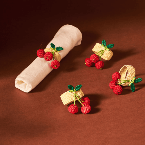 Image showing the Narino Cherries Set of 4 Woven Napkin Rings, Red product.