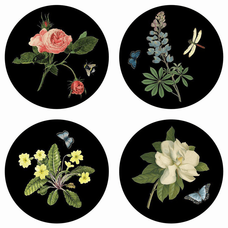 Botanical Set of 4 Coasters, D10cm, Black