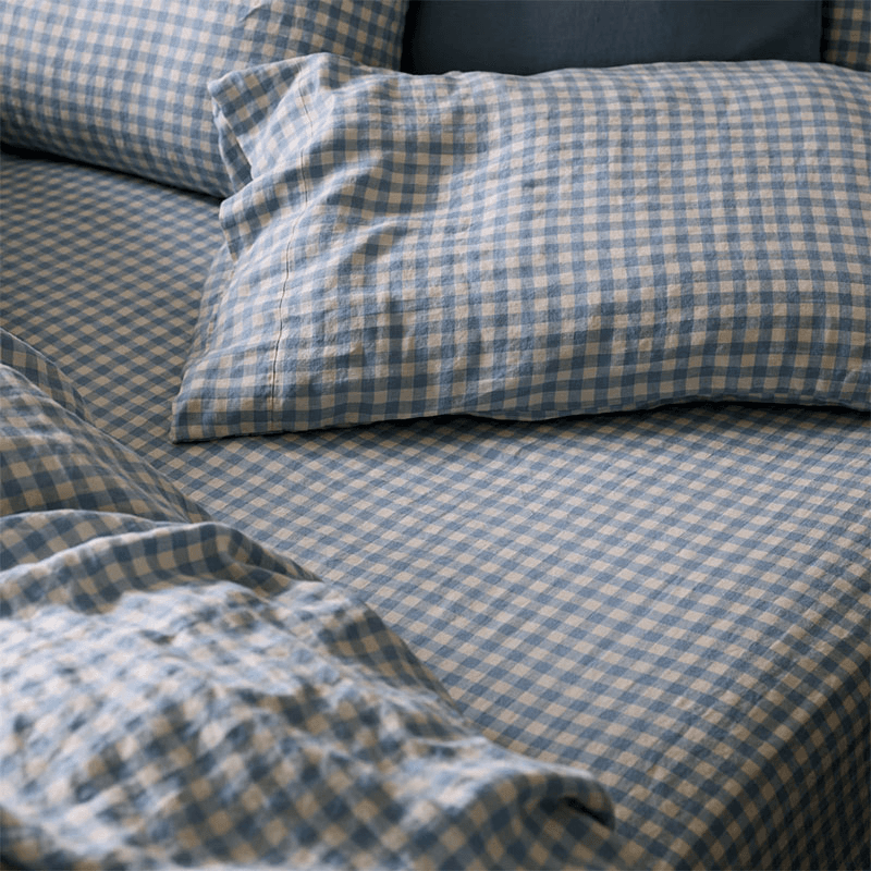 Gingham Linen Blend Pillowcase Pair, Standard, Warm Blue