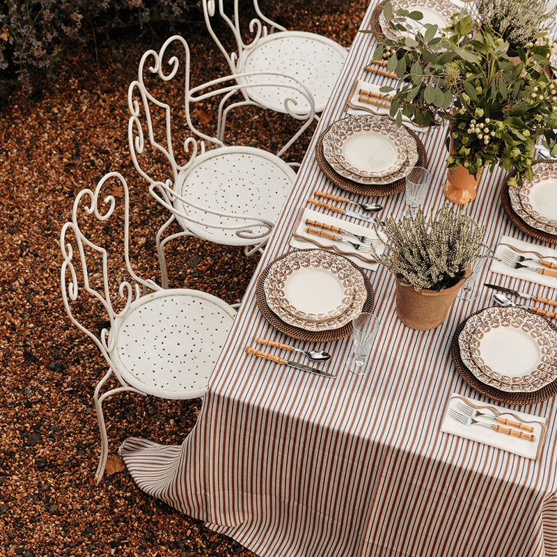 Victoria Striped Linen Tablecloth, 160 x 260cm, Dusty Rosewood
