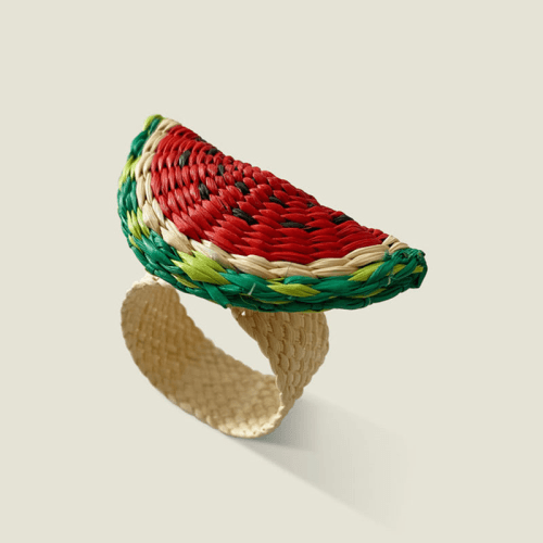Image showing the Narino Watermelon Set of 4 Woven Napkin Rings, Green & Red product.