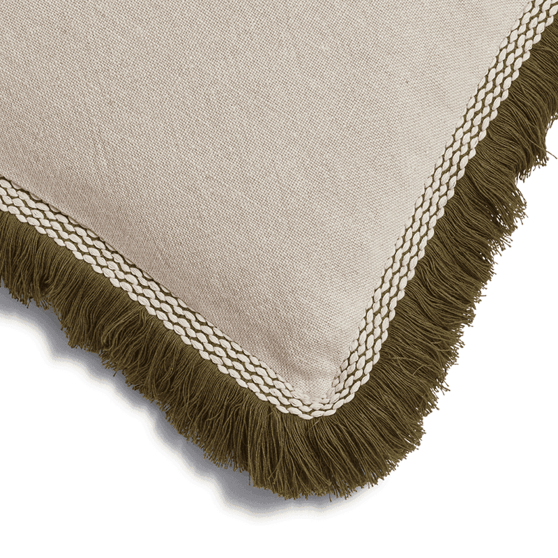 Elspeth Cushion Cover with Fringing, 56 x 56cm, Natural/Green