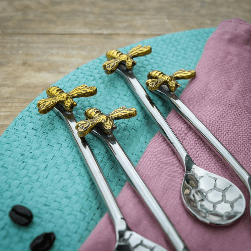 Bee Honeycomb Set of 4 Coffee Spoons, L13cm, Silver