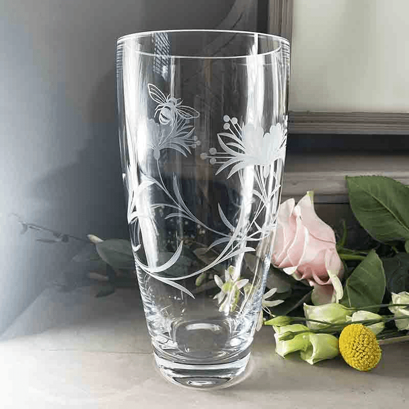 Bee & Honeysuckle Tall Vase, H25cm, Clear