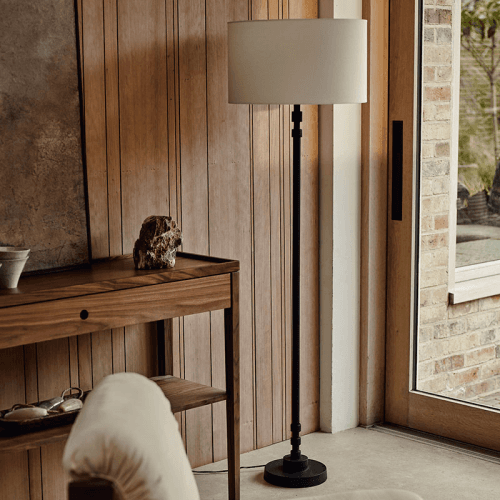 Image showing the Floor Lamp, H134cm, Black with Natural Shade product.