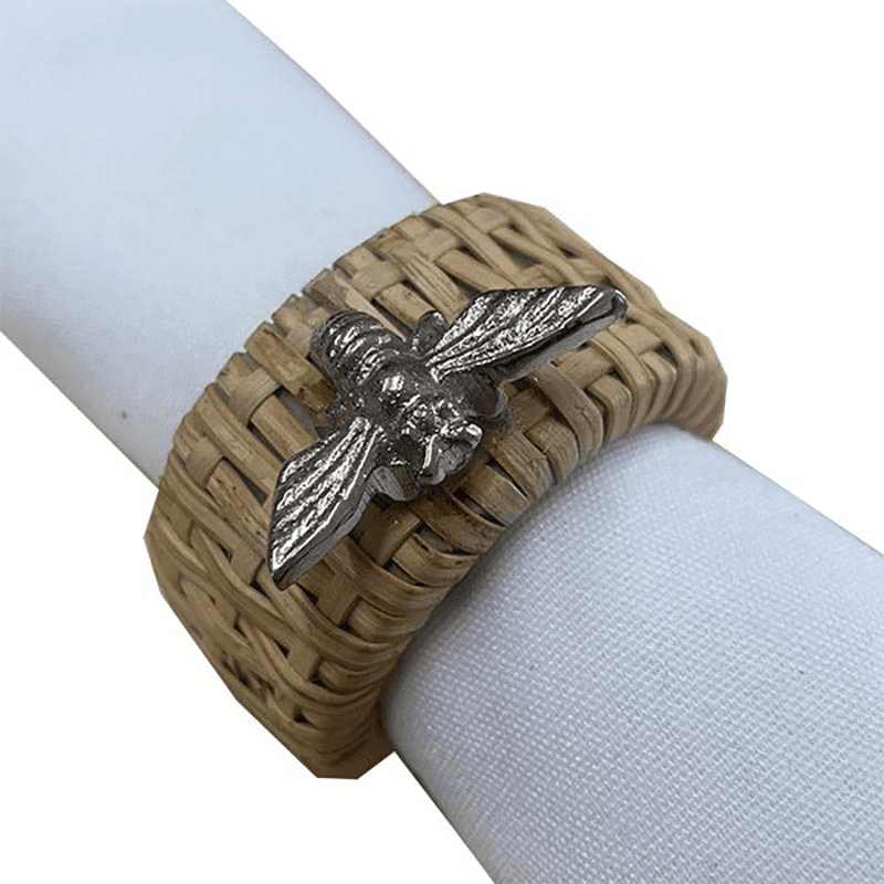 Bee Set of 4 Napkin Rings, D6cm, Rattan