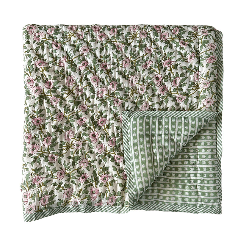 Floral Quilt, Double, Green & Pink
