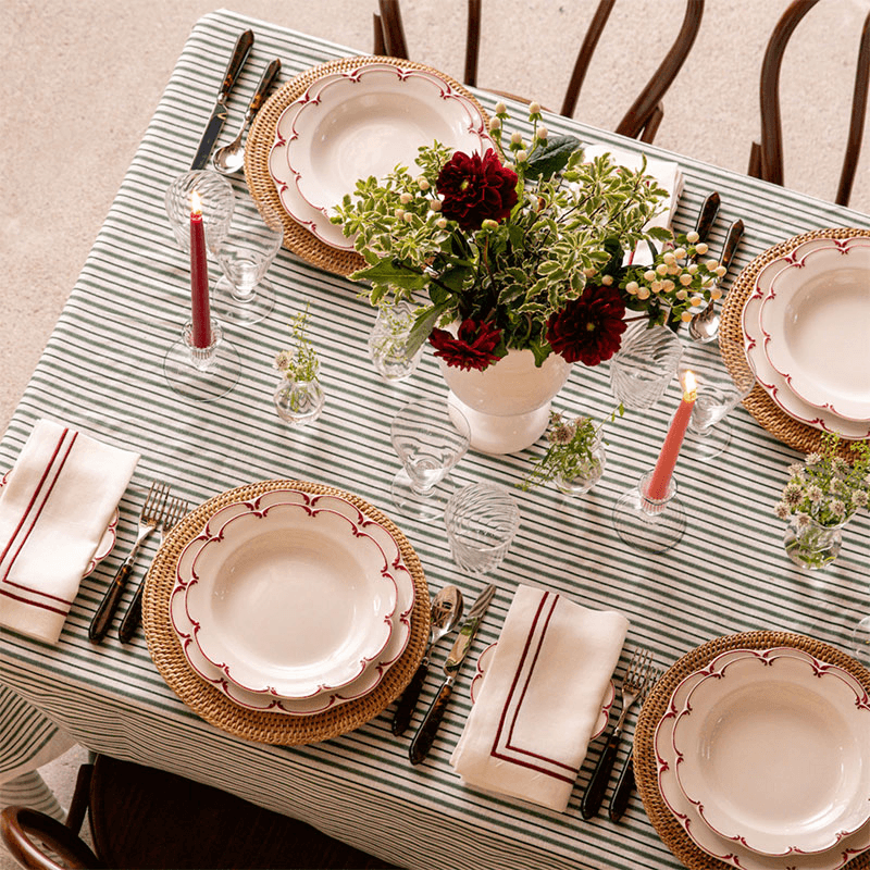 Victoria Striped Linen Tablecloth, 180 x 330cm, Fir Green
