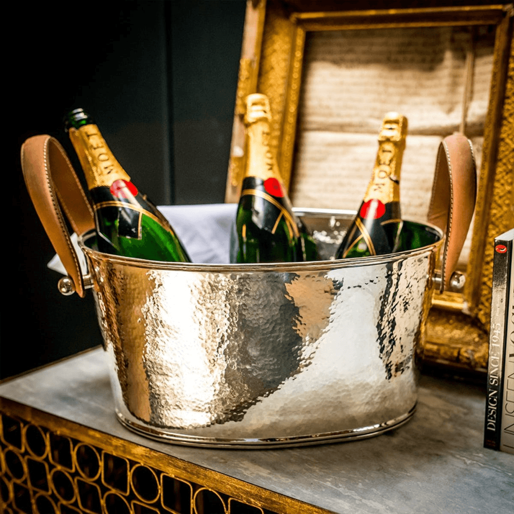 Leather Handled Champagne bath, H18 x W20 x D38cm, Hammered Nickel Plate