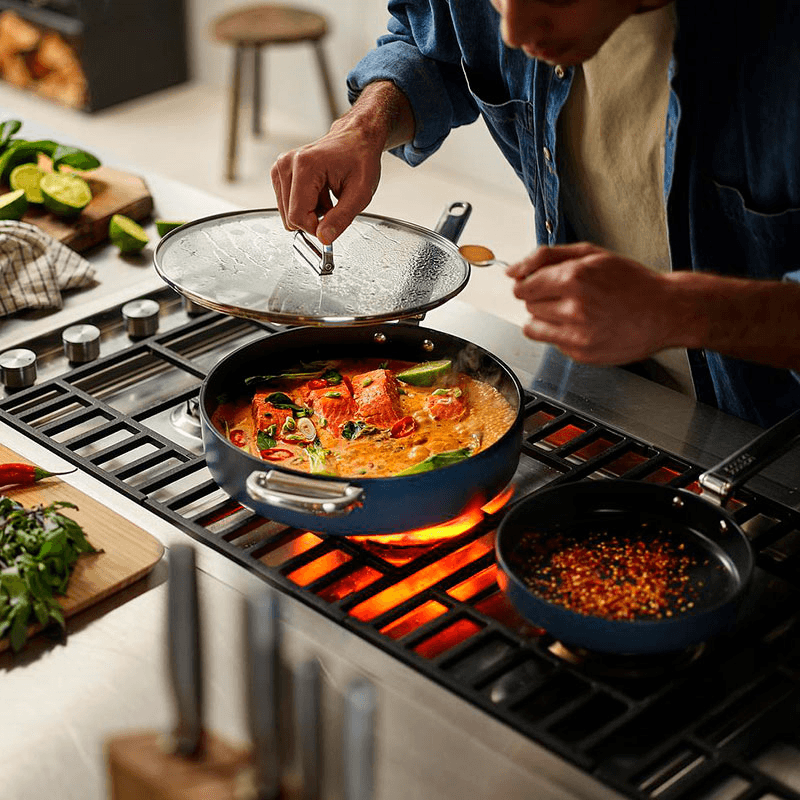Space Folding Handle Ceramic Non-Stick 6 Piece Cookware Set, Midnight Blue