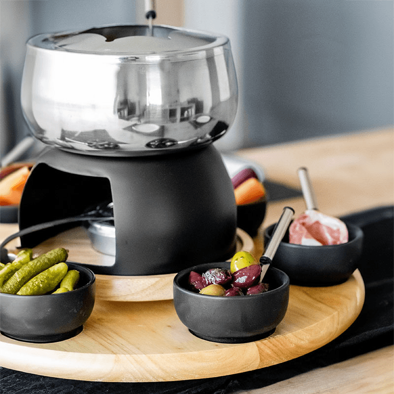 6 Person Party Fondue Set, Stainless Steel/Black Glaze