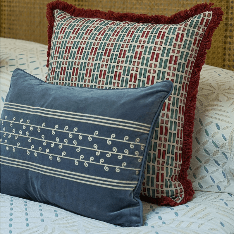 San Juan Embroidered Velvet Cushion, 50 x 35cm, Blue