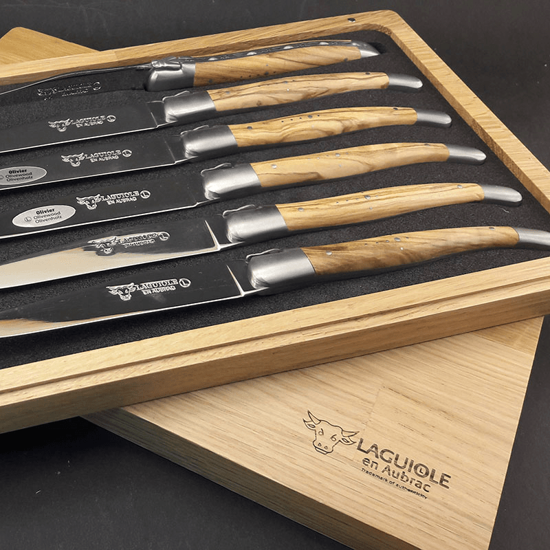 Set of 6 Laguiole Steak Knives, Olive Wood Handles