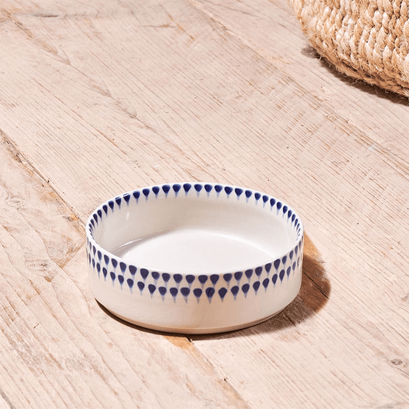 Indigo Drop Ceramic Pet Bowl, D12cm, Cream