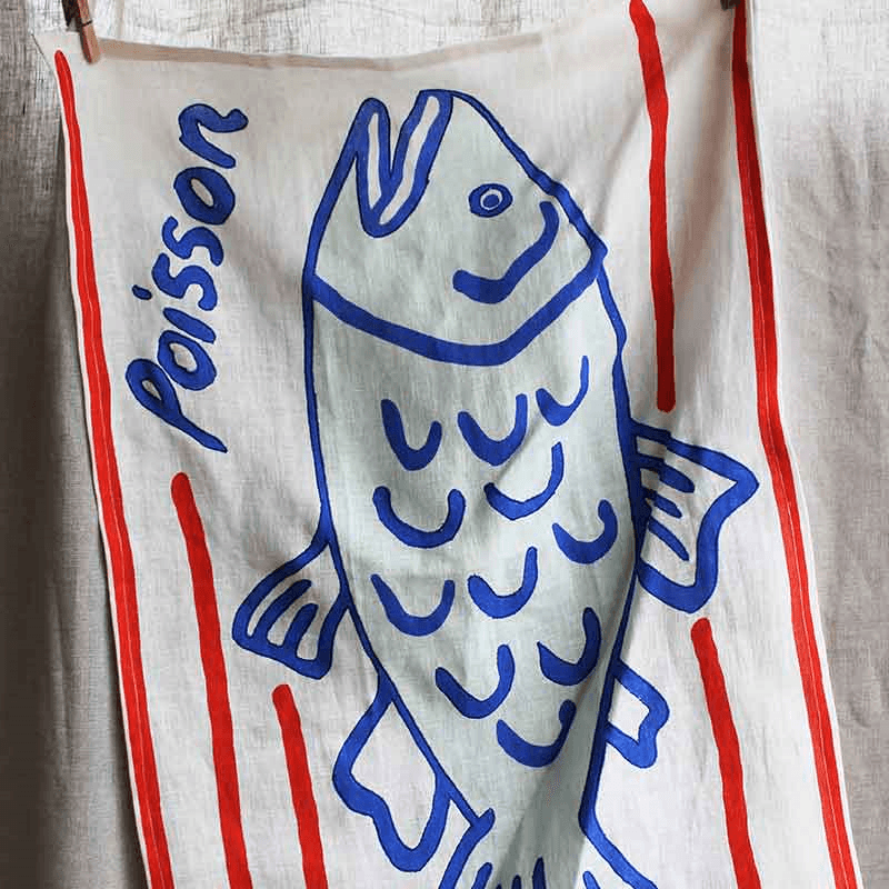 Poisson Embroidered Tea Towel, 50 x 70cm, Blue/White