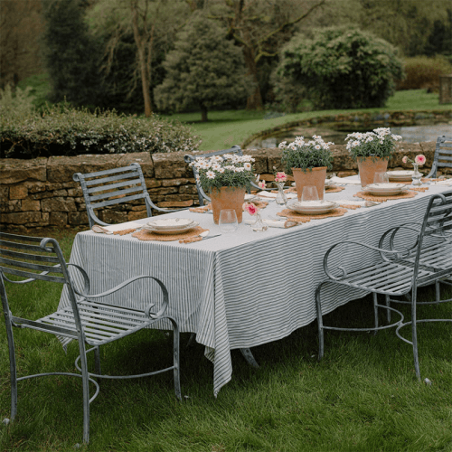 Image showing the Victoria Striped Linen Tablecloth, 160 x 260cm, Chalk & Moss Green product.