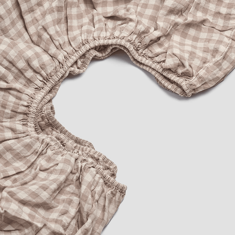 Gingham Linen Fitted Sheet, Double, Mushroom