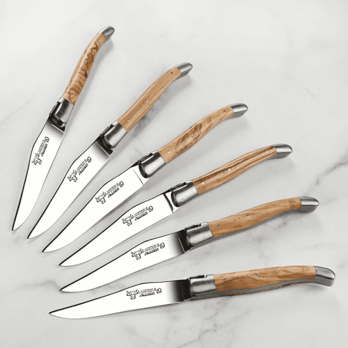 Image showing the Set of 6 Laguiole Steak Knives, Olive Wood Handles product.