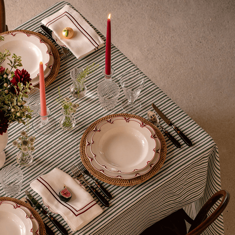 Victoria Striped Linen Tablecloth, 180 x 330cm, Fir Green