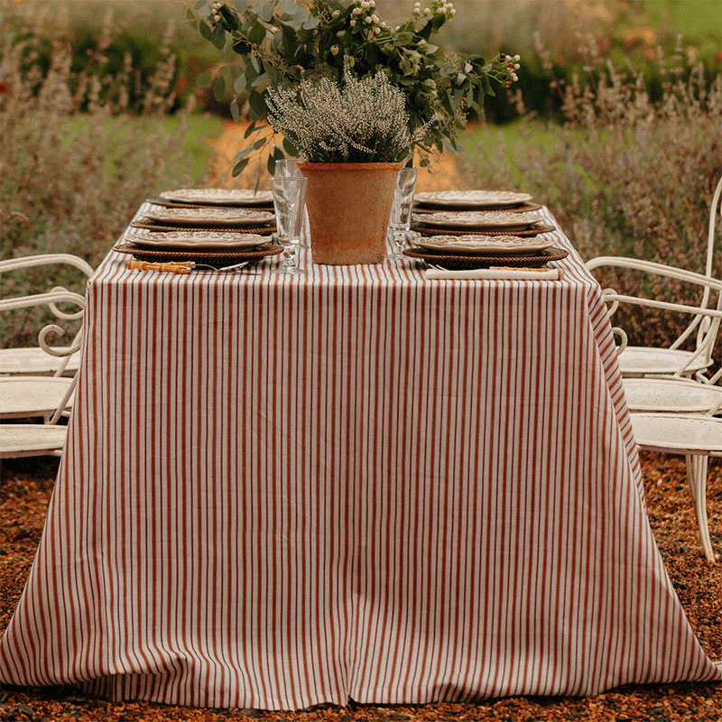 Victoria Striped Linen Tablecloth, 160 x 260cm, Dusty Rosewood