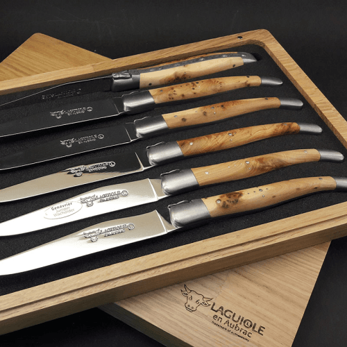 Image showing the Set of 6 Laguiole Steak Knives, Juniper Handles product.