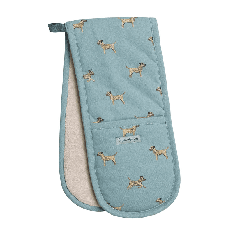 Border Terrier Double Oven Glove, Teal, Taupe, Brown