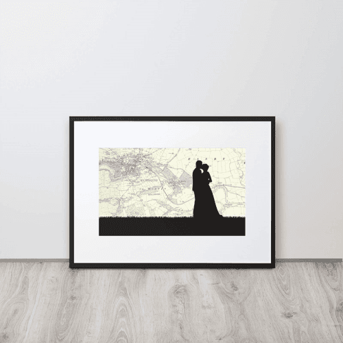 Image showing the Personalised Map Print with Wedding Silhouette Voucher, 40 x 30cm, Black Frame product.