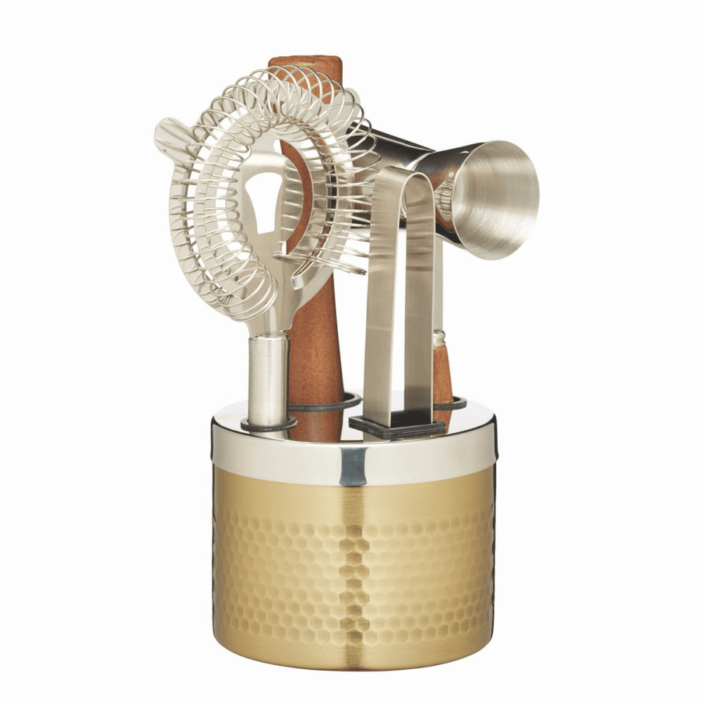 5 Piece Cocktail Tool Set, Hammered Brass Finish